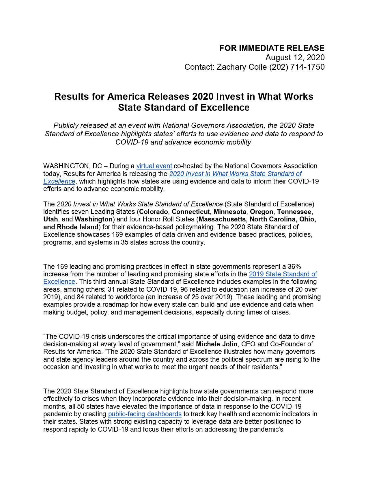 Results for America Releases 2020 Invest in What Works  State Standard of Excellence PDF
